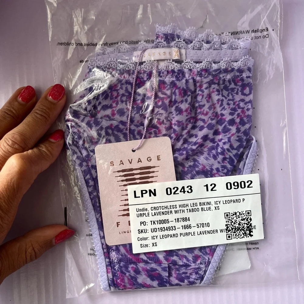 Savage X Fenty Mesh Crotchless High Leg Bikini Panty Icy Leopard Purple Lavender